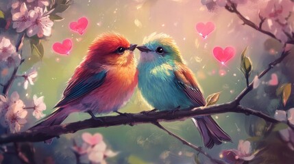 Poster - Two colorful birds sit amidst blooming flowers, hearts softly glowing in the air, creating a peaceful, romantic nature scene.