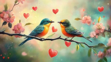 Poster - Two vibrant birds sit on a blooming branch, surrounded by floating hearts, capturing the essence of love in a dreamy, romantic setting.