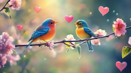 Poster - Two vibrant birds sit on a blooming branch, surrounded by floating hearts, capturing the essence of love in a dreamy, romantic setting.