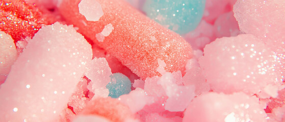 Poster - Colorful bubblegum texture with chewy elements and abstract glitter shapes