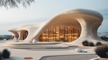 Poster - Pop-up business centre in a beige color, made with sand and white rocks. It is located on a desert and has a modern architecture with sand details. exterior.