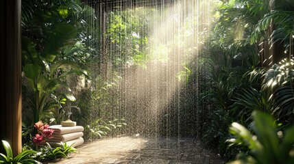 Poster - Water streams from a tropical outdoor shower, sunlight glistening through the droplets, creating a fresh, relaxing vibe in paradise.