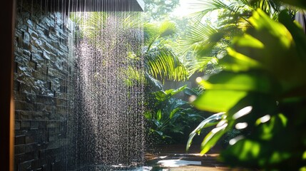 Poster - Water streams from a tropical outdoor shower, sunlight glistening through the droplets, creating a fresh, relaxing vibe in paradise.