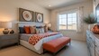 © zerogami - Modern Bedroom Interior Design with Orange Accents and Natural Light