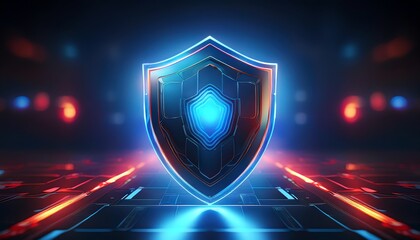 Poster - A glowing, futuristic shield icon set against a dark background with vibrant blue and red lights, symbolizing protection and security in a digital realm.