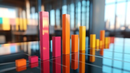 Leinwandbilder - A D bar graph showcasing business profits, with bold, stacked bars representing various revenue streams, set on a reflective surface in a modern office setting.