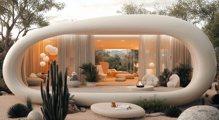 Poster - Pop-up business centre in a beige color, made with sand and white rocks. It is located on a desert and has a modern architecture with sand details. exterior.