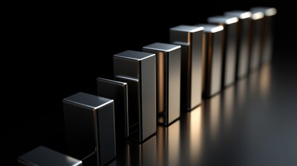 Poster - A D financial bar graph with metallic bars, representing revenue comparison between different companies, placed on a reflective surface with a sleek black background.