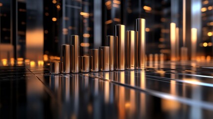 Poster - A D financial bar graph with metallic bars, representing revenue comparison between different companies, placed on a reflective surface with a sleek black background.