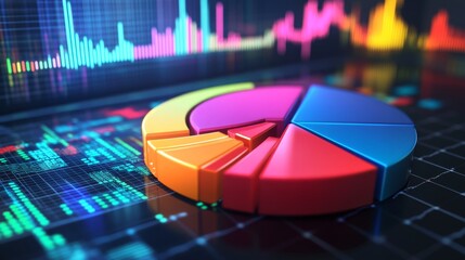 Fototapete - A D financial pie chart with vibrant colors, representing different revenue streams, set against a digital background with stock market graphs in the distance.