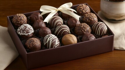 Poster - A beautifully arranged chocolate gift box filled with assorted truffles and pralines, with a delicate ribbon on top, perfect for special occasions and celebrations.