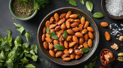 Poster - A beautifully arranged plate of roasted almonds with a sprinkle of sea salt, surrounded by fresh herbs and spices, perfect for a healthy snack display.