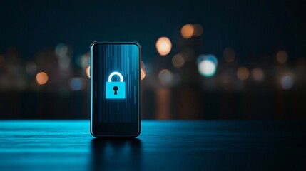 Poster - A smartphone displaying secure login credentials over a blurred urban background, highlighting IT privacy and security