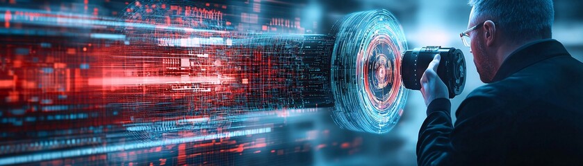 Poster - A professional analyzing a holographic graph, highlighting the process of IT data analysis in real-time