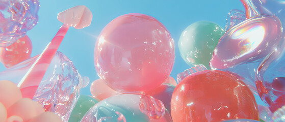 Poster - Colorful bubblegum with edible decorations showcasing varied textures and shapes in vibrant light
