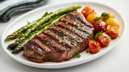 Poster - A beautifully plated steak with colorful sides, including roasted asparagus and cherry tomatoes, presented on a white dish that enhances the dishs vibrant colors.