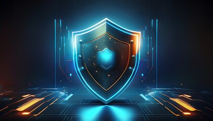 Poster - A glowing, futuristic shield symbolizing protection and security, surrounded by digital elements in a dark ambiance.