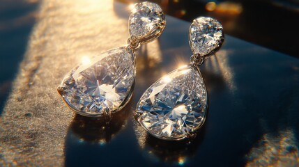 Poster - A beautiful close-up of a pair of diamond drop earrings, captured in natural light to showcase their sparkle and the craftsmanship of their design