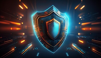 Poster - A futuristic shield glows with blue and orange lights, symbolizing protection and cybersecurity in a digital landscape.