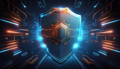 Poster - A glowing, high-tech shield surrounded by vibrant digital elements represents cybersecurity and protection in a futuristic design.
