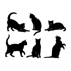 Naklejka na meble A collection of six black cat silhouettes in various poses, including sitting, stretching, leaping, and playing, displayed on White background.