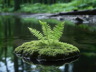 Poster - A fern growing on top of moss-covered rocks in the depths of an ancient forest, with reflections shimmering through the deep green water.
