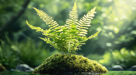 Poster - A fern growing on top of moss-covered rocks in the depths of an ancient forest, with reflections shimmering through the deep green water.