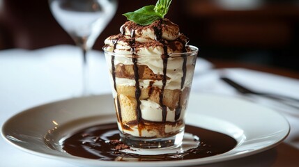 Poster - A beautiful presentation of tiramisu in a glass, layered with coffee-soaked ladyfingers and mascarpone cream, drizzled with chocolate sauce, tempting dessert lovers everywhere.