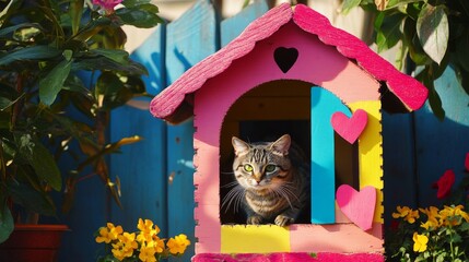 Poster - A bright, cheerful cat house made from recycled materials, adorned with colorful decorations, placed in a sunny garden