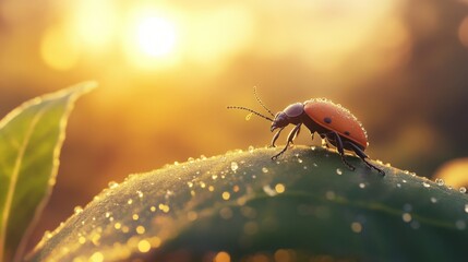 Aufkleber - A captivating image of a beetle climbing on a dewy leaf at dawn, with soft sunlight illuminating the scene, capturing the tranquility of early morning nature.