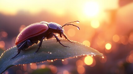 Aufkleber - A captivating image of a beetle climbing on a dewy leaf at dawn, with soft sunlight illuminating the scene, capturing the tranquility of early morning nature.