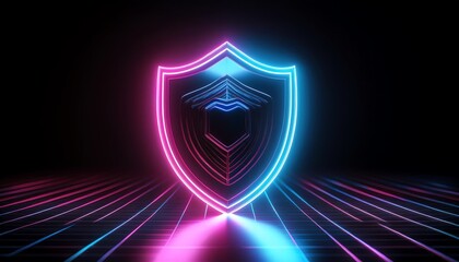 Poster - A glowing neon shield surrounded by a digital grid, representing security and protection in a futuristic setting.