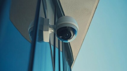 Poster - A close-up of a modern CCTV camera mounted on a building exterior, with a clear blue sky in the background, showcasing the technology used for security surveillance.