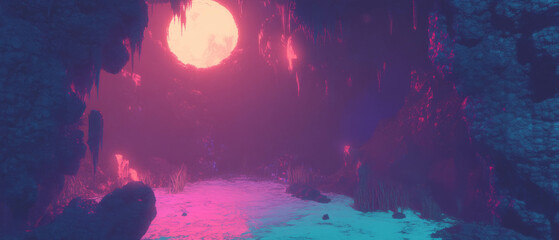 Poster - Exploring the damp textures and vibrant hues of a mystical cave environment