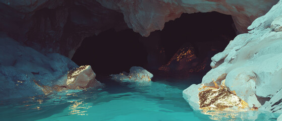 Poster - Dark cave entrance with shimmering gold accents and contrasting geological formations