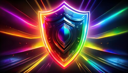 Poster - a vibrant, glowing shield surrounded by colorful light rays, symbolizing protection and digital secu
