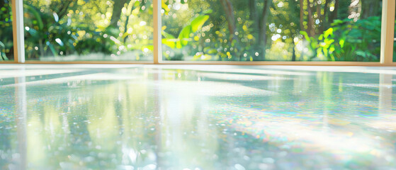 Aufkleber - Clear vinyl surface with glossy finish reflecting nature and sunlight in serene setting
