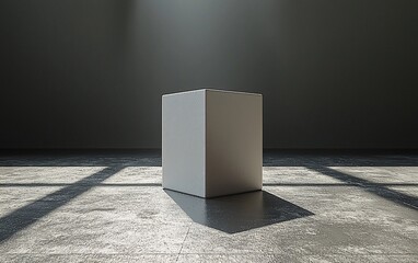 Poster - White cube on dark floor, spotlight.