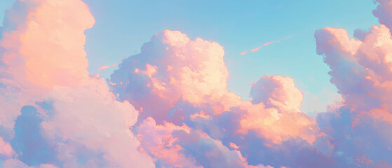 Poster - Fluffy white clouds against a blue sky with soft pastel hues at twilight