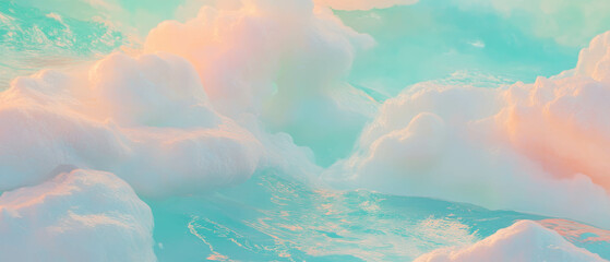 Poster - Fluffy clouds with soft blue and white hues at sunset above the horizon