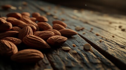 Fototapete - A close-up of raw almonds scattered on a rustic wooden table, showcasing their natural texture and color, with soft lighting enhancing their organic appeal.