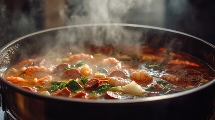 Poster - A close-up of seafood gumbo simmering in a pot, filled with shrimp, sausage, and vegetables, showcasing the rich and hearty flavors of this classic dish