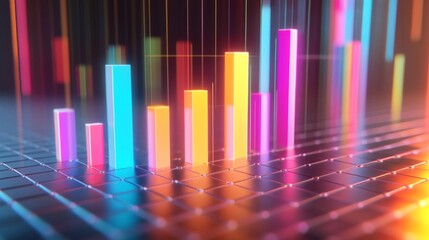 Leinwandbilder - A colorful D bar graph rising on a grid background, with glowing bars representing data growth, and labels indicating different statistics.