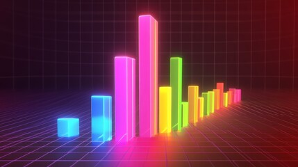 Fototapete - A colorful D bar graph rising on a grid background, with glowing bars representing data growth, and labels indicating different statistics.