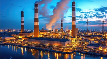 Fototapete - A coal-fired power plant and hydroelectric facilities at night.