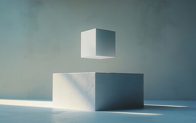 Poster - Floating cube above a platform in a minimalist studio.
