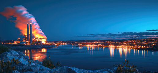 Fototapete - A coal-fired power plant and hydroelectric facilities at night.