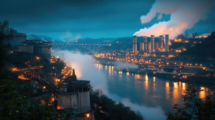 Aufkleber - A coal-fired power plant and hydroelectric facilities at night.