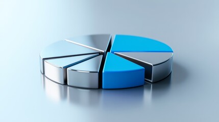Poster - A corporate D pie chart with glossy silver and blue segments, with one slice slightly pulled out to highlight its significance, displayed on a reflective surface.