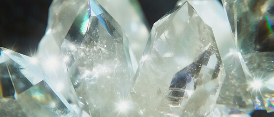 Poster - Sparkling crystals with geometric shapes reflecting light in a dark setting